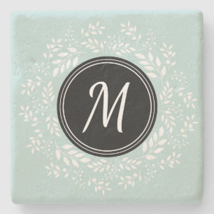 Modern Light Blue Floral Wreath Personalized Stone Coaster