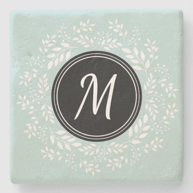 Modern Light Blue Floral Wreath Personalized Stone Coaster (Front)