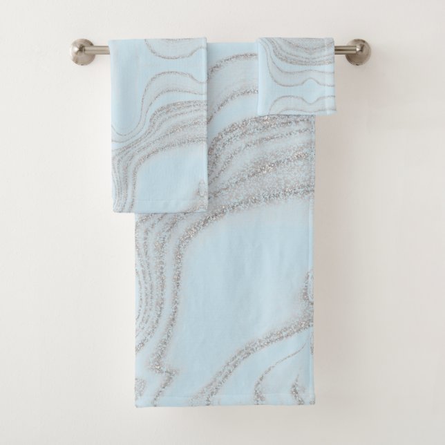 Modern light blue grey abstract marble pattern bath towel set (Insitu)