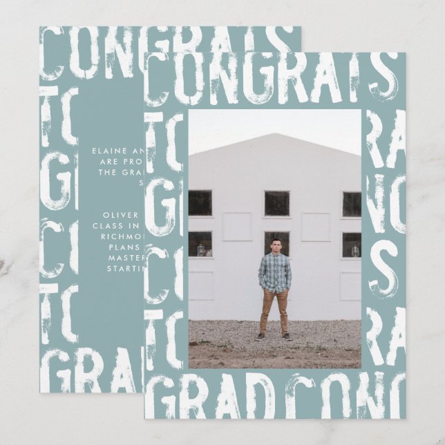 Modern light blue grungy simple photo graduation invitation (Front/Back)