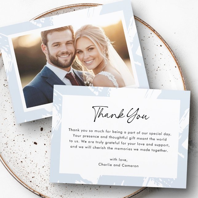 Modern light blue messy brushstrokes photo wedding thank you card (Modern light blue messy brushstrokes photo wedding thank you card)