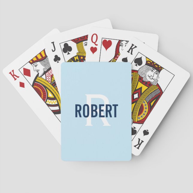 Modern light blue monogram name  playing cards (Back)