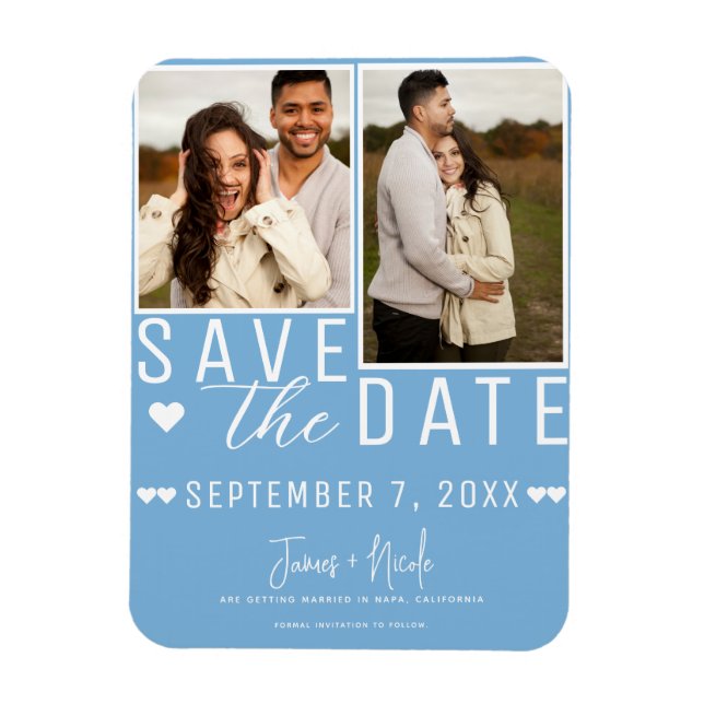 Modern Light Blue Save the Date 2 Photo Wedding Magnet (Vertical)