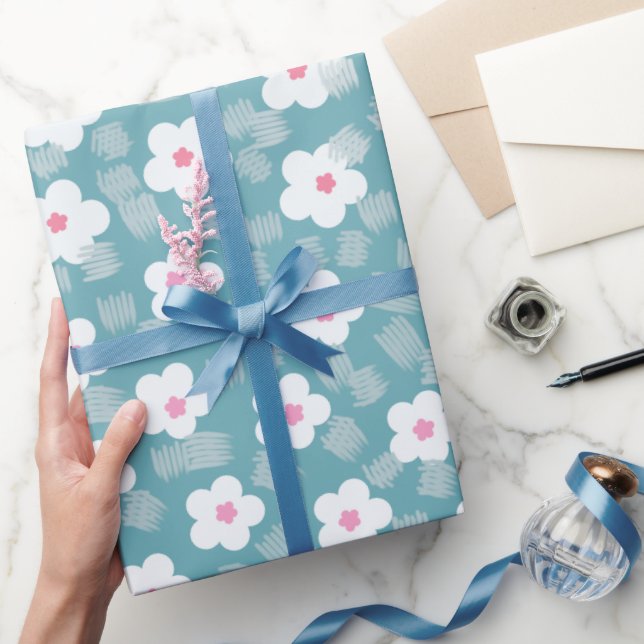 Modern light blue white floral pattern wrapping paper (Gifting)