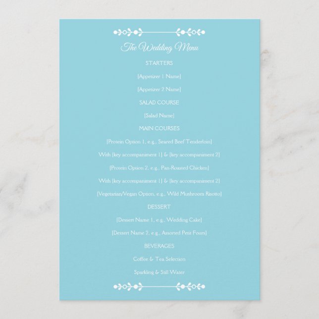 Modern Light Blue & White Wedding Menu (Front)