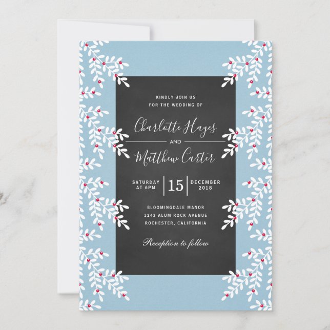 Modern Light Blue Winter Wedding Chalkboard Invitation (Front)