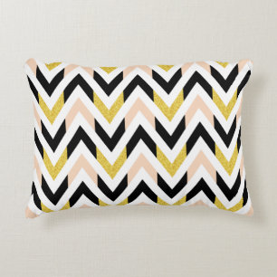 Modern Light Coral, Gold, Black, White Chevron Decorative Pillow