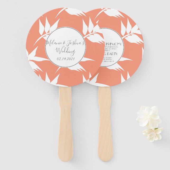 Modern Light Coral Leaves Silo Wedding Round Hand Fan (Front and Back)