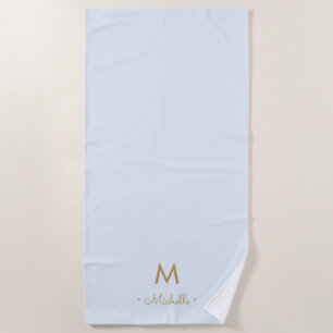 Modern Light Dusty Blue Gold Script Monogram Beach Towel
