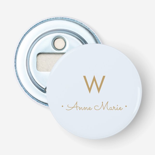 Modern Light Dusty Blue Gold Script Monogram Bottle Opener (Front)