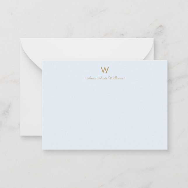 Modern Light Dusty Blue Gold Script Monogram Card (Front)