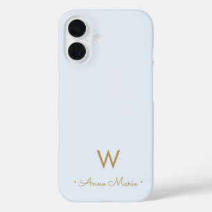 Modern Light Dusty Blue Gold Script Monogram iPhone 16 Case
