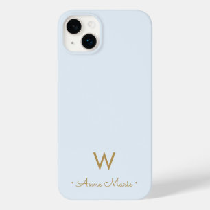 Modern Light Dusty Blue Gold Script Monogram Case-Mate iPhone 14 Plus Case