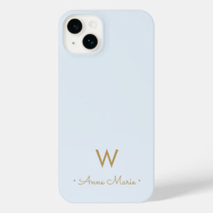 Modern Light Dusty Blue Gold Script Monogram iPhone 14 Plus Case