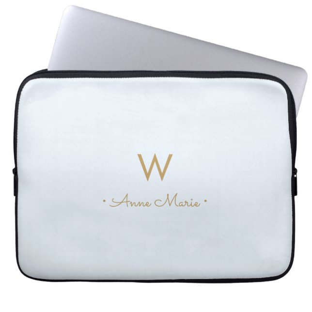 Modern Light Dusty Blue Gold Script Monogram Laptop Sleeve (Front)