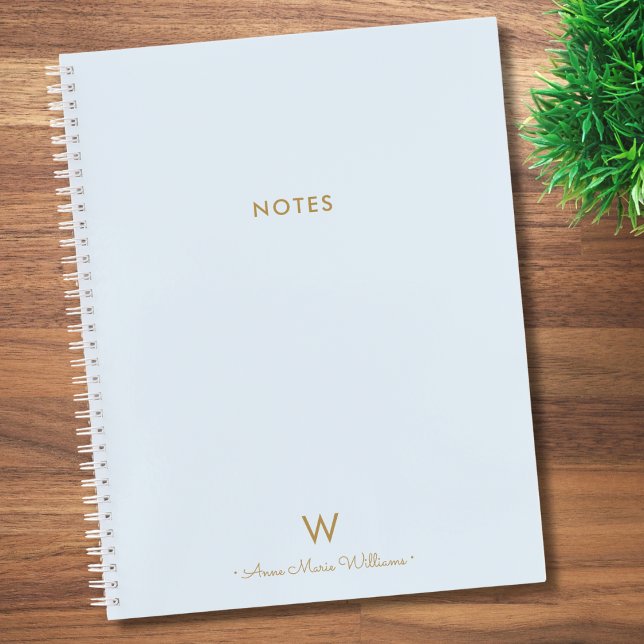 Modern Light Dusty Blue Gold Script Monogram  Notebook (Creator Uploaded)