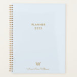 Modern Light Dusty Blue Gold Script Monogram Planner<br><div class="desc">Modern Light Dusty Blue Gold Script Monogram Planner. A modern,  elegant monogram design with gold handwritten minimalist script typography and sans serif block typography on an elegant pale pastel Light Dusty Blue background. The monogram and name can be easily personalized.</div>