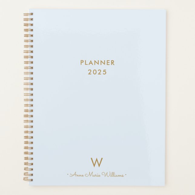 Modern Light Dusty Blue Gold Script Monogram Planner (Front)