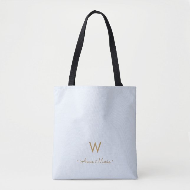 Modern Light Dusty Blue Gold Script Monogram Tote Bag (Front)
