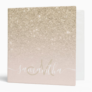 Modern  light gold glitter ombre blush monogram binder