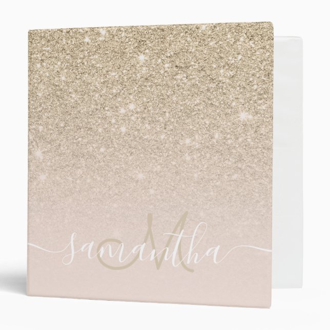 Modern  light gold glitter ombre blush monogram binder (Front/Inside)