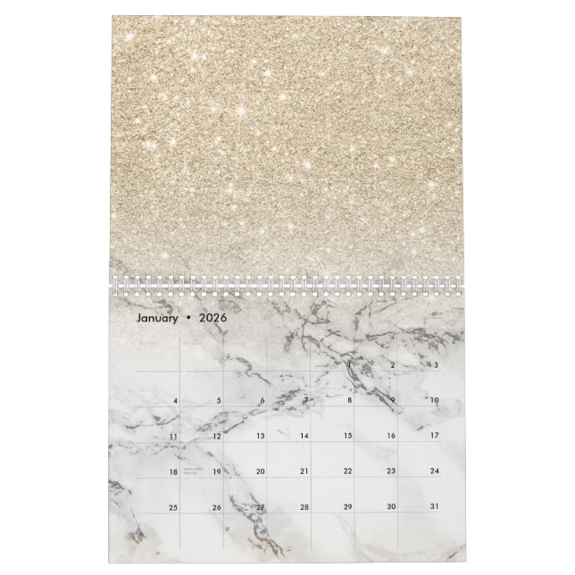 Modern light gold glitter ombre glitter marble calendar (Jan 2026)
