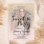 Modern light gold glitter ombre photo Sweet 16 Invitation<br><div class="desc">A modern,  pretty light gold glitter shower ombre with pastel blush pink color block Sweet 16 birthday party invitation with your custom photo with light gold ombre pattern fading onto a pink background.</div>