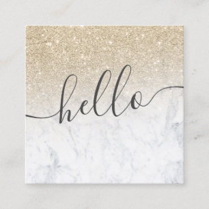 Modern light gold glitter ombre white marble hello square business card
