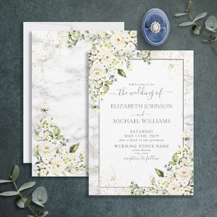 Modern Light Gray White Floral Gold Marble Wedding Invitation