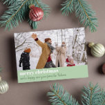 Modern Light Green Merry Christmas Wide Photo Holiday Card<br><div class="desc">Christmas card personalized with a wide photo. A green border at the bottom of the holiday card with merry christmas written in chunky but elegant white letters,  and a holiday greeting in dark green brush script.</div>