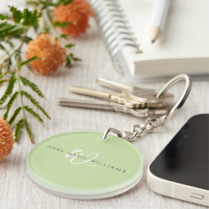 Modern Light Green White Script Monogram Keychain