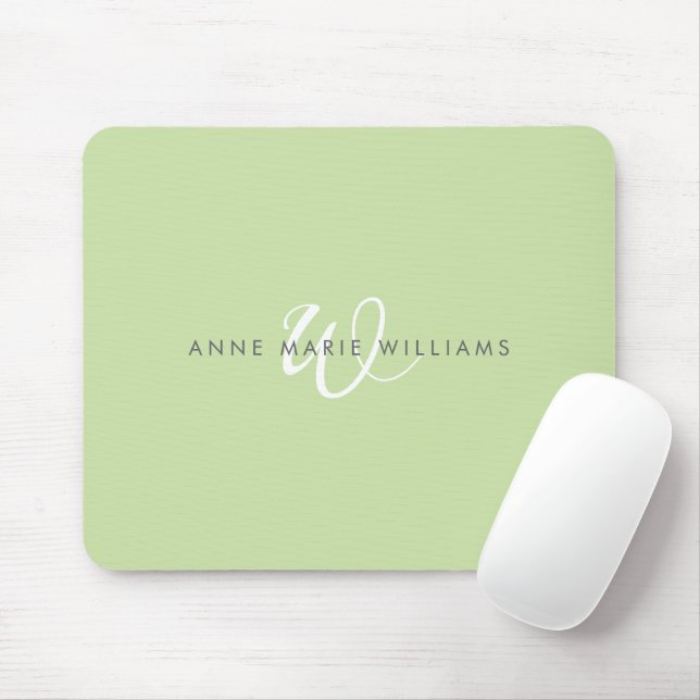 Modern Light Green White Script Monogram Mouse Pad (With Mouse)