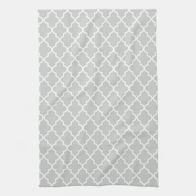 Modern Light Grey and White Moroccan Quatrefoil Kitchen Towel (Vertical)