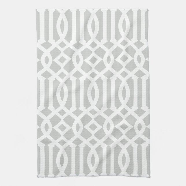 Modern Light Grey and White Trellis Pattern Kitchen Towel (Vertical)