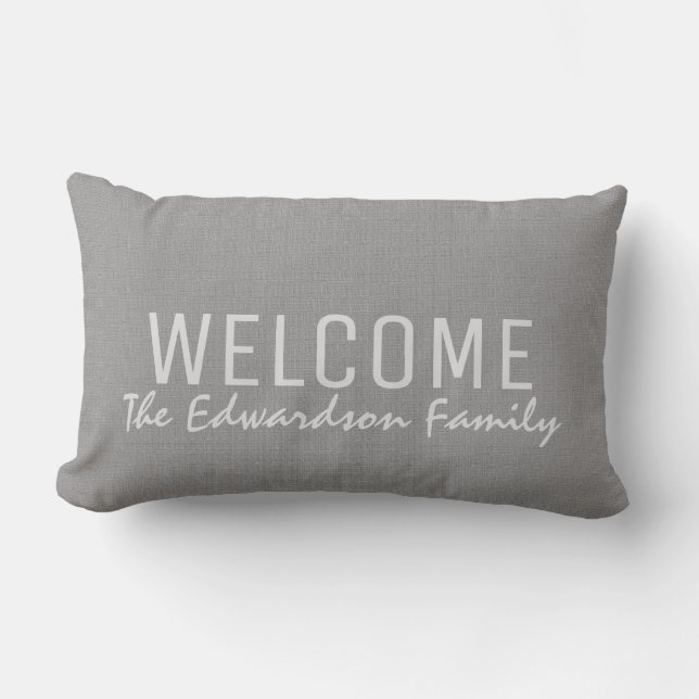Modern light grey burlap Welcome Family monogram Lumbar Pillow (Front)