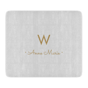 Modern Light Grey Gold Script Monogram Cutting Board