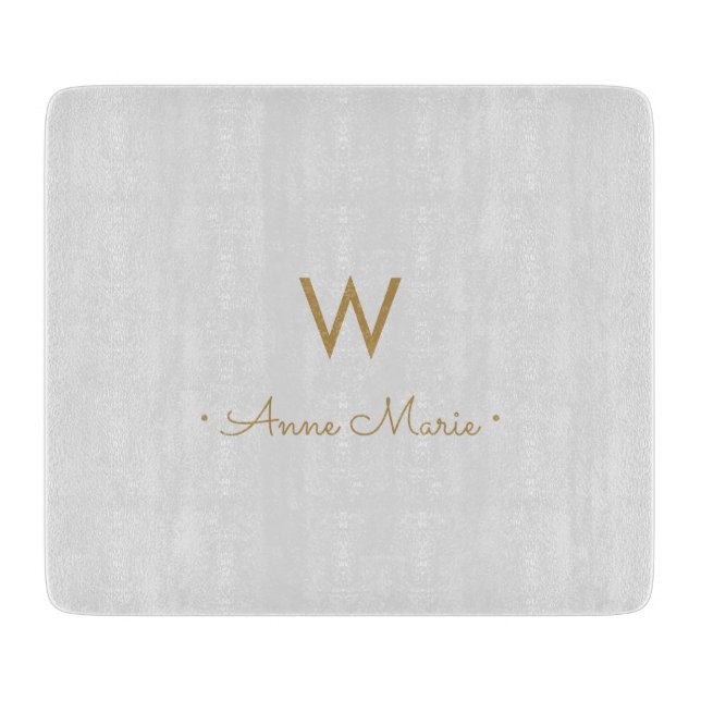 Modern Light Grey Gold Script Monogram Cutting Board (Front)