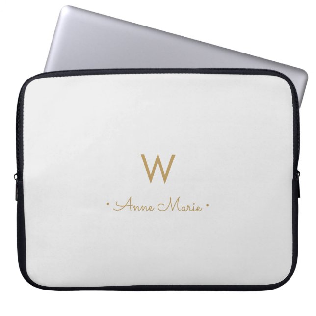 Modern Light Grey Gold Script Monogram Laptop Sleeve (Front)