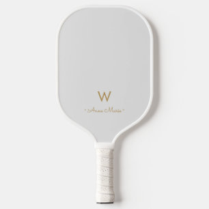 Modern Light Grey Gold Script Monogram Pickleball Paddle