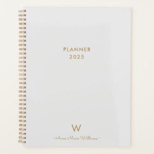 Modern Light Grey Gold Script Monogram Planner
