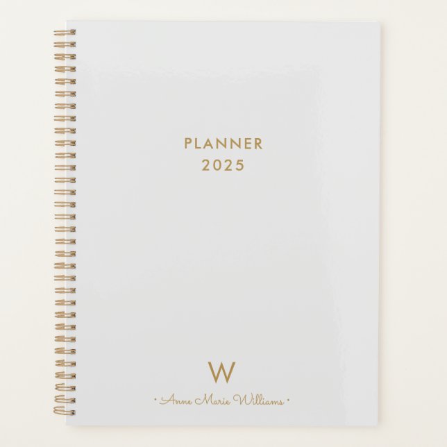 Modern Light Grey Gold Script Monogram Planner (Front)