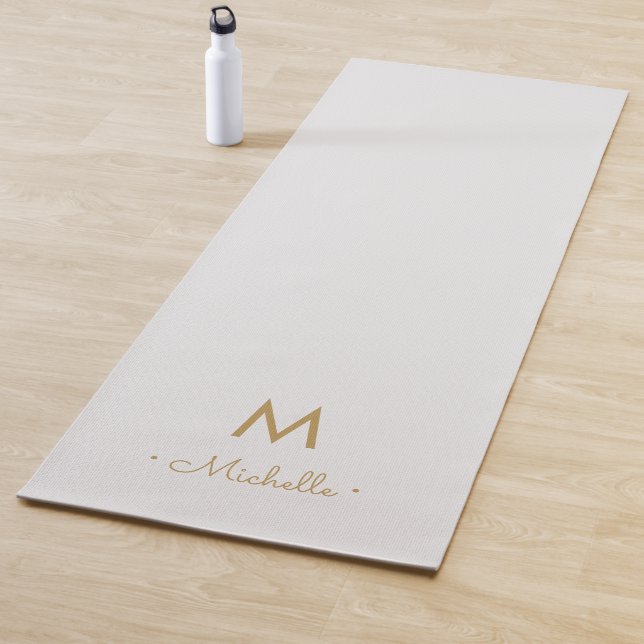 Modern Light Grey Gold Script Monogram Yoga Mat (In Situ)