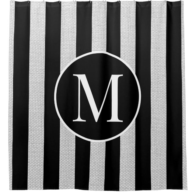 Modern Light Grey Linen Black Stripes Monogram (Front)