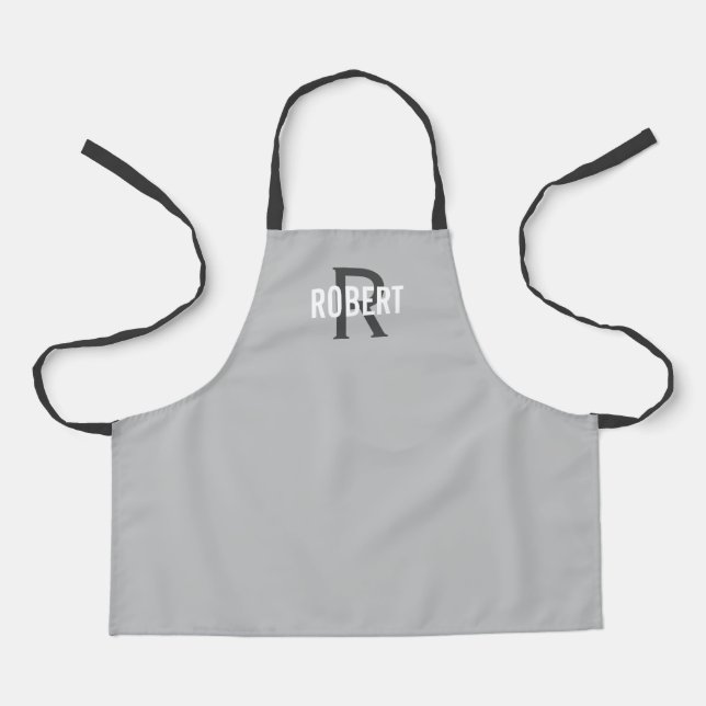 Modern light grey monogram boy name apron (Front)