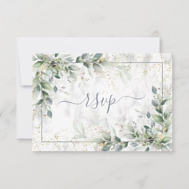 Modern Light Grey White Floral Gold Marble RSVP (Front)