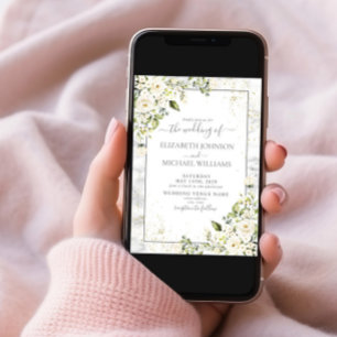 Modern Light Grey White Floral Gold Marble Wedding Invitation
