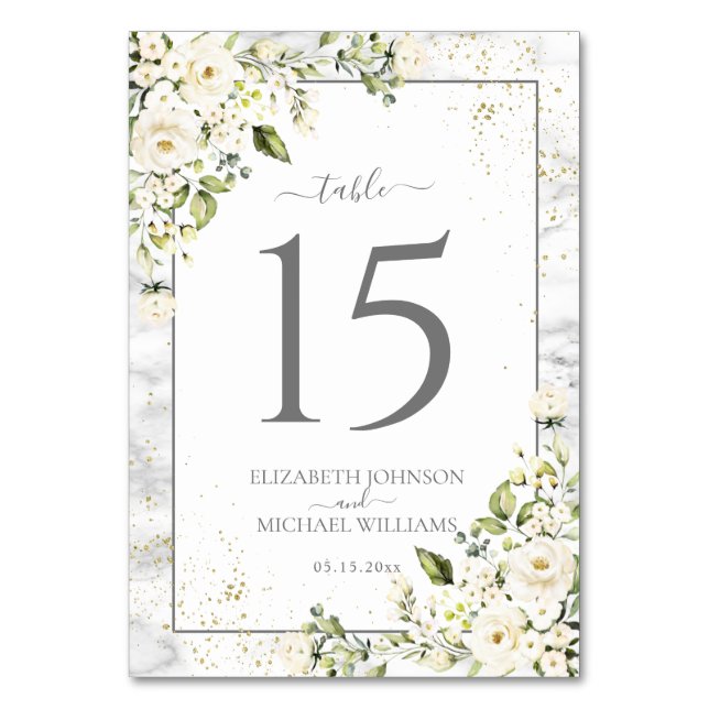 Modern Light Grey White Floral Gold Marble Wedding Table Number (Front)