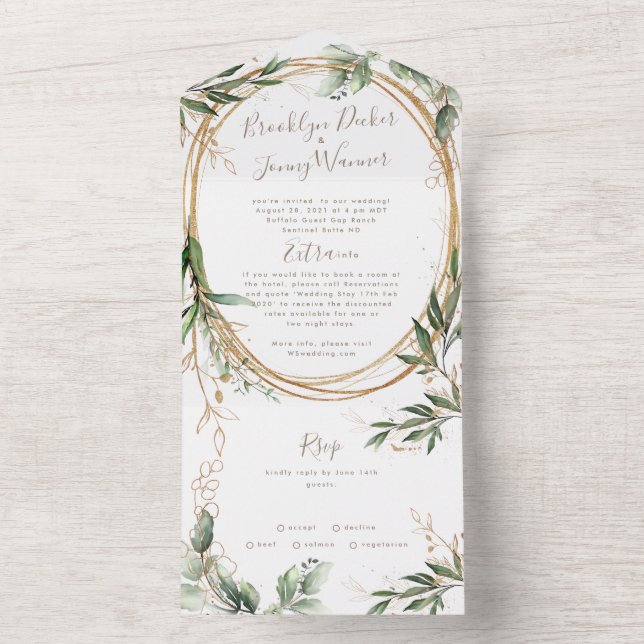 Modern Light Moss Sage Greenery Eucalyptus Wedding All In One Invitation (Inside)