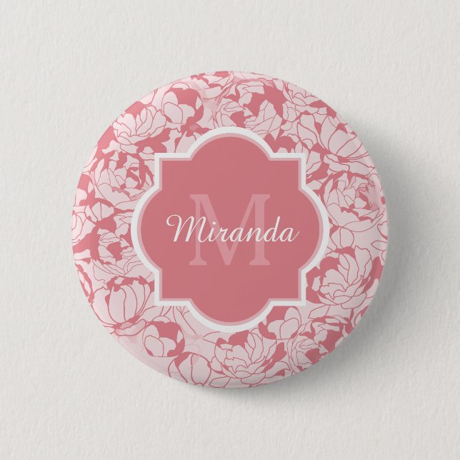 Modern Light Pink Floral Girly Monogram With Name 2 Inch Round Button (Front)
