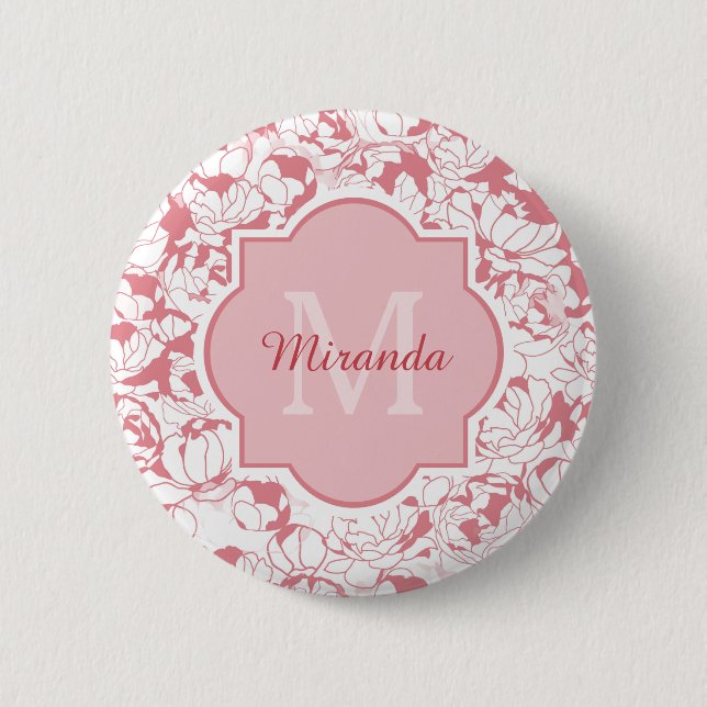 Modern Light Pink Floral Girly Monogram With Name 2 Inch Round Button (Front)